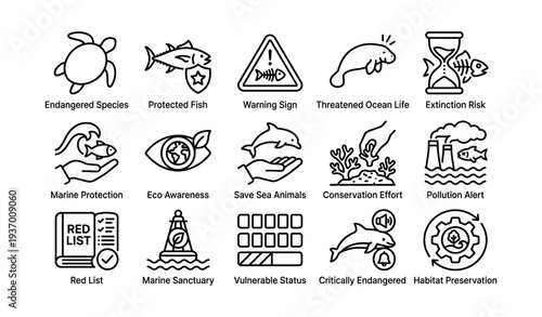 Endangered sea creatures icons highlight conservation and marine protection efforts