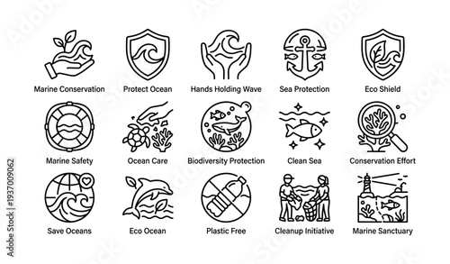 Ocean conservation icons highlighting marine protection and biodiversity