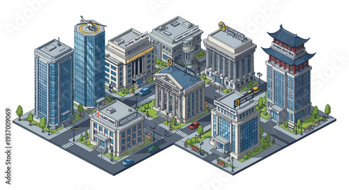 Isometric Pixel Art City Buildings Collection - Business, Finance, and Architecture