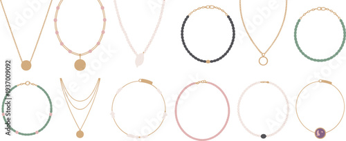 Minimalist jewelry collection illustration, modern necklaces, bracelets, gold chains, gemstone beads, elegant accessories set, fashion jewelry design, neutral background