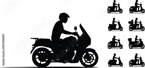 Motorcycle and scooter rider silhouettes collection isolated vector illustration set with different riding positions