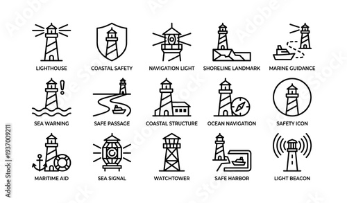 Lighthouse icons collection for coastal navigation and safety