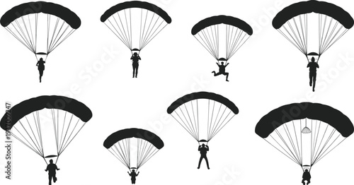 Parachuting silhouettes collection, skydiver parachute landing poses isolated extreme sport clipart illustration bundle set design