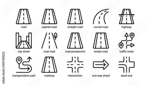 Road icons collection: straight, curved, highway, intersection, one-way, dead end