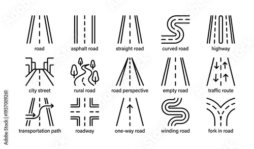 Road icons set: straight, curved, highway, urban, rural, one-way, fork, winding