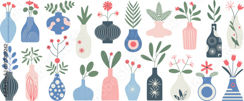 Modern decorative vases with flowers and plants collection, minimalist flat botanical vector illustration of stylish ceramic pots set