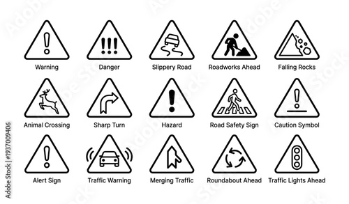 Various road warning signs: danger, slippery road, roadworks, falling rocks