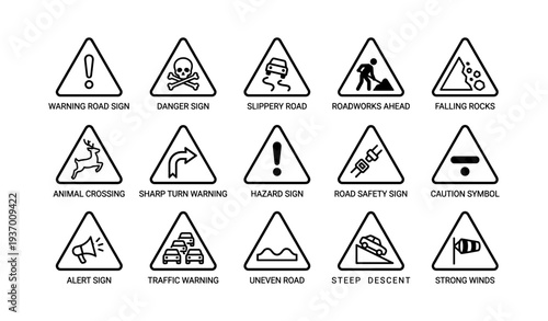 Triangle warning signs set: roadworks, falling rocks, slippery roads, animal crossing, traffic warning