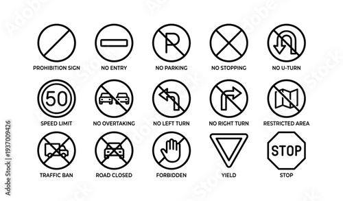 Traffic and road safety signs: prohibition no entry no parking yield stop