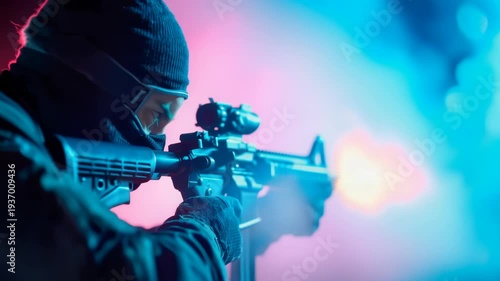 Dramatic silhouette of an armed soldier aiming a rifle in a dark, moody scene representing military security and conflict themes