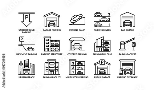 Illustration of various garage and parking concepts with icons