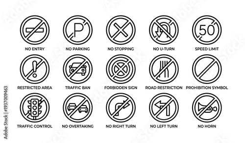 Collection of 16 prohibition road signs with universal symbols