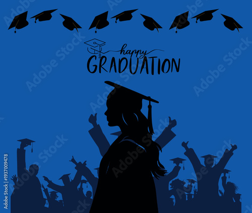 Graduation. Graduation ceremony. Happy crowd of graduate students in academic caps. Cheerful people silhouette. Congrats grads Class of 2026. Decorative ba
