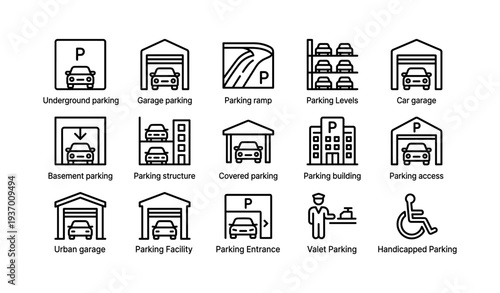 Various types of parking options and facilities illustrated in line icons