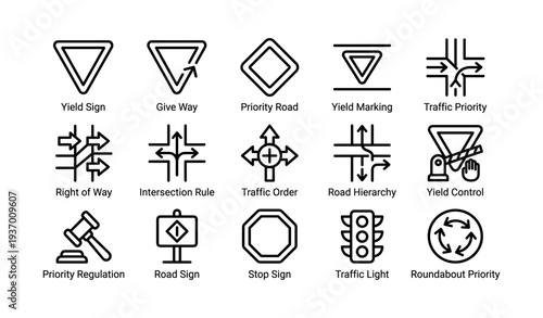 Traffic symbol icons: yield, priority, intersection, stop, roundabout
