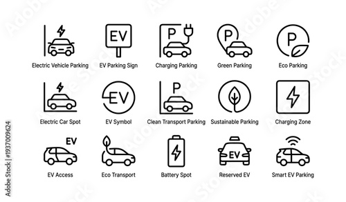 Electric vehicle parking icons overview: charging, eco options, and reserved spaces
