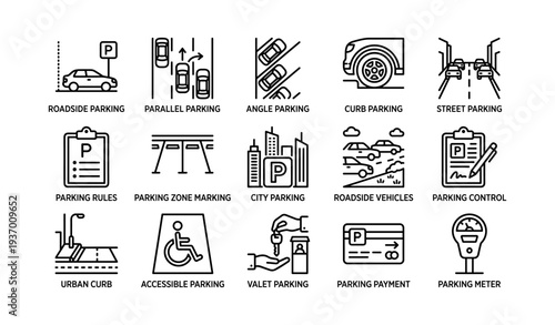 Parking icons: roadside, parallel, angle, curb, accessible, valet, city, urban, control, payment
