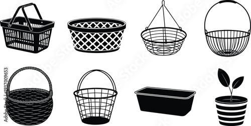 Storage basket silhouettes set, wicker and wire containers with planter isolated household organization illustration collection