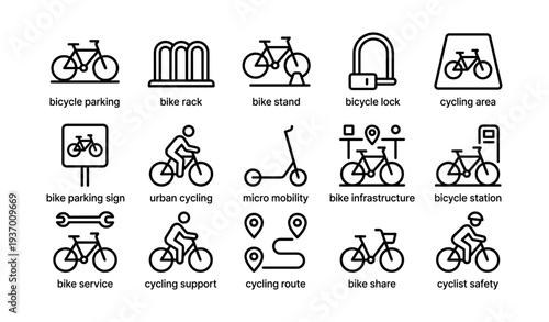 Bicycle icons: parking, infrastructure, mobility, safety, routes