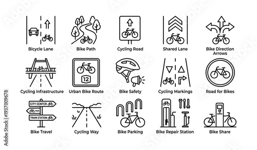 Icons illustrating bicycle infrastructure and safety features for urban and rural areas