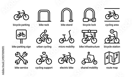 Urban cycling icons: bicycle parking, bike rack, cycling support, electric bike, route map