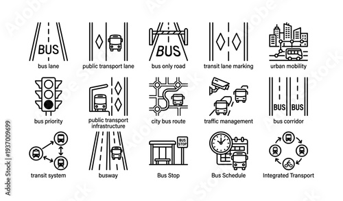Urban mobility and public transport infrastructure icons