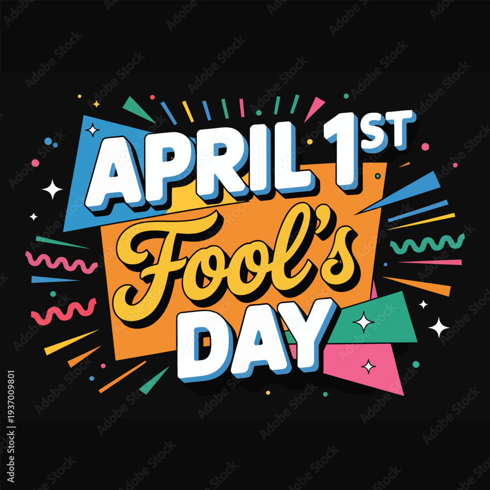 Fototapeta premium April 1st Fool's Day text with retro geometric patterns and black background
