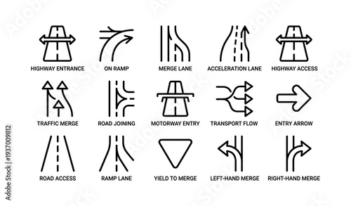 Highway symbols: road signs illustrating traffic flow and directions