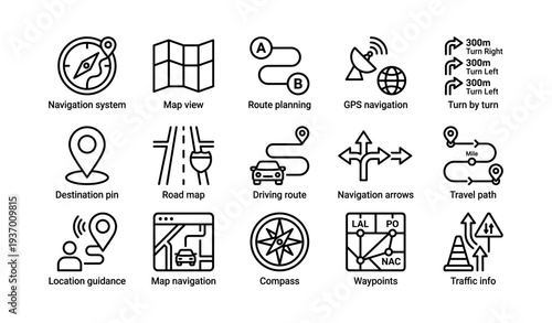 Navigation icons set: compass, gps navigation, and route planning