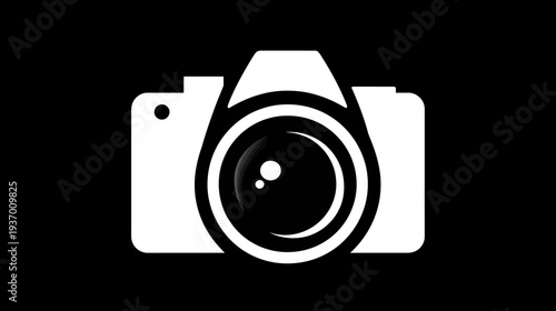 A white illustration on black background of a classic camera. Lens and body are well-defined