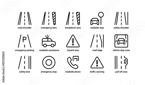 Road safety icons: emergency lane, assistance, hazard, and warning signs