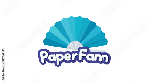 A cartoon image of a blue folding fan atop text outlined in blue. Simple, clean, and modern design