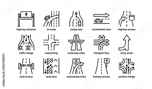 Set of road and highway sign icons illustrating various roadway access points