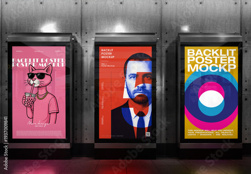 Backlit Poster Mockup - Triple Billboard Display in Concrete Wall