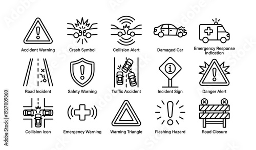 Traffic and safety icons: accident warning, collision alert, emergency response
