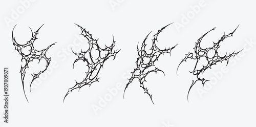 Cybersigilism Abstract Organic Shapes Vector, Gothic Bio-Organic Tattoo Design Elements for Modern Apparel Graphics, Detailed white bio-organic spiky shapes in cybersigilism style, featuring intricate