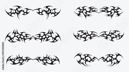  Symmetrical Black Cyber Sigilism Wings for Streetwear and Edgy Apparel Design, A set of aggressive symmetrical red wing shapes in a neo-tribal and cyber sigilism style perfect for t-shirt prints.