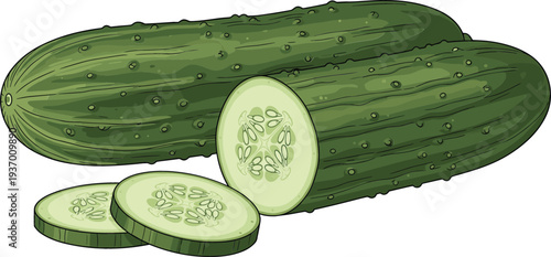 Pair of fresh green organic cucumbers with whole vegetable and round slices isolated on white background for healthy food and grocery market vector