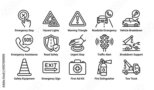 Emergency and safety icons for roadside assistance and vehicle breakdown situations