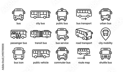 Public transportation icons set: buses, road transport, city mobility symbols