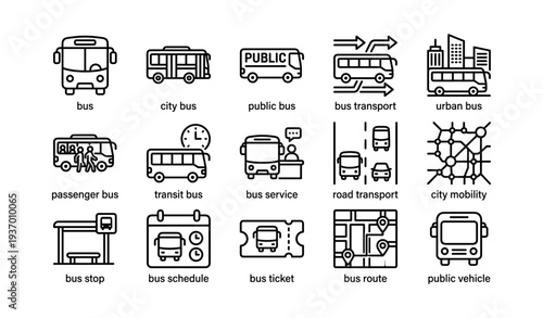 Icon set of various bus and public transport symbols for city mobility