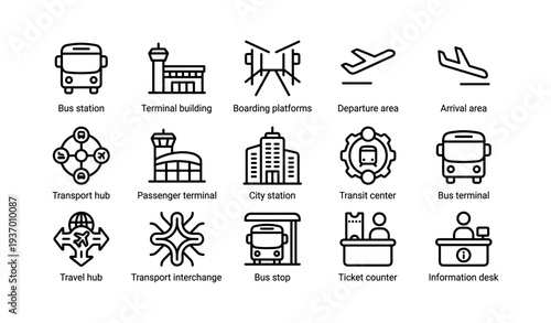 Transport icons: bus, airplane, train, transit, travel hub, terminal, information desk