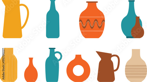 Professional collection of various modern and vintage ceramic pottery designs including colorful vases jars and clay jugs isolated on white background for interior decor.