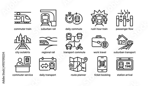 Commuter train line icons for daily commute and transportation planning
