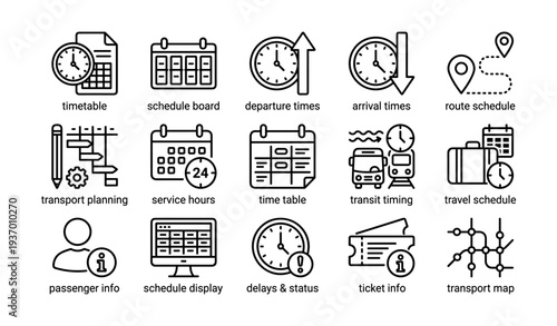 Transport schedule icons: timetable, departure, arrival, route, transit planning