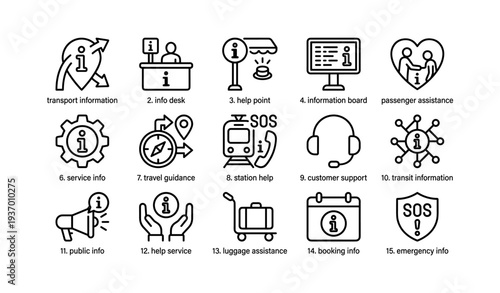 Information and assistance icons for travel and transit support