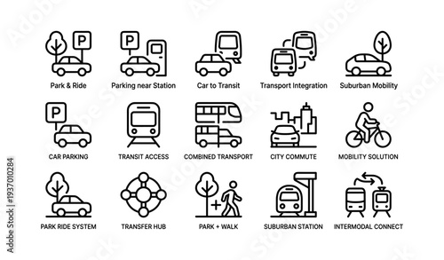 Commuter icons: park ride, transit access, urban mobility solutions