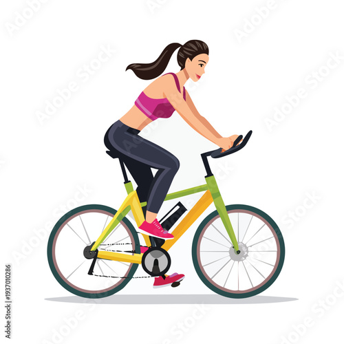 Woman rides stationary bicycle in gym setting