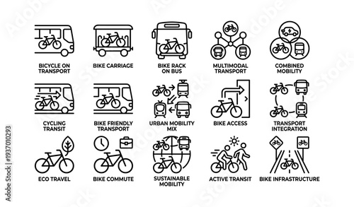 Bicycle transport integration icons: multimodal eco travel and urban mobility solutions