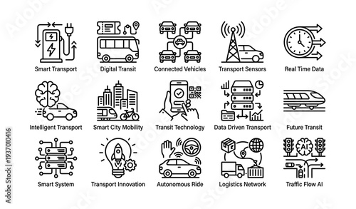 Smart transit and transport technology icons for future mobility solutions